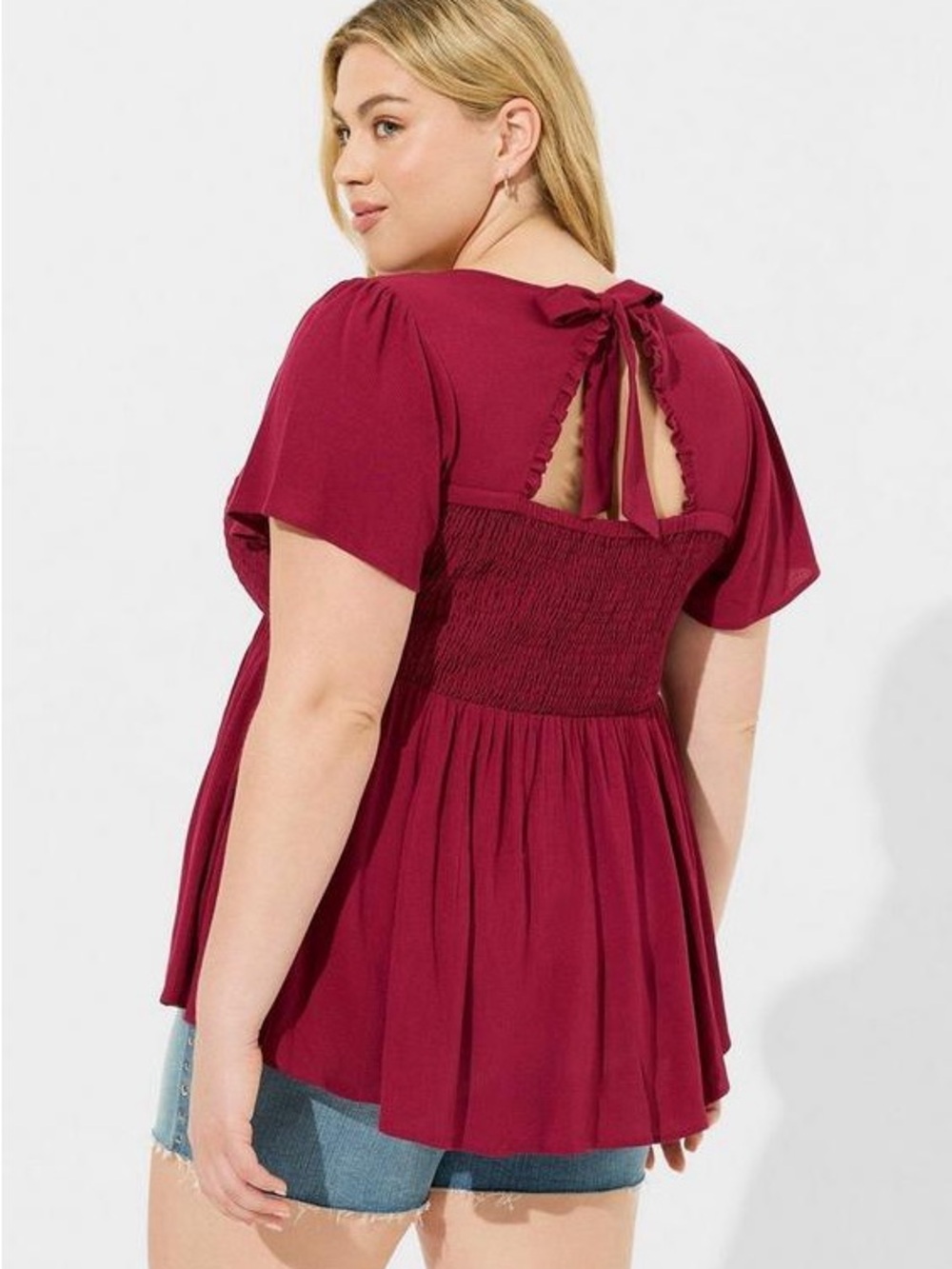 torrid Burgundy Tie-Back Smocked Peplum Babydoll Top NWT